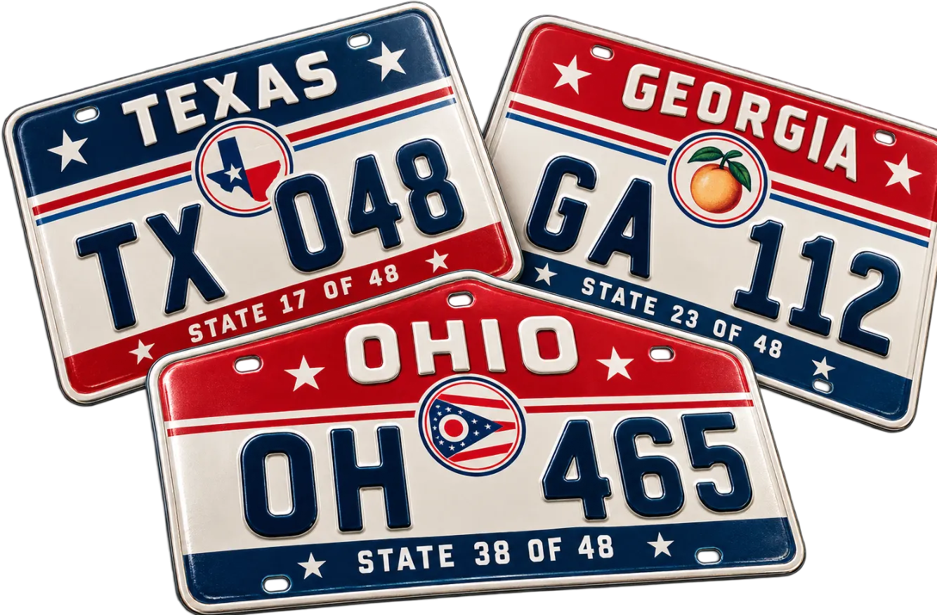 Three collectible license plates from Texas, Georgia and Ohio, each marked with its number among the 48 states