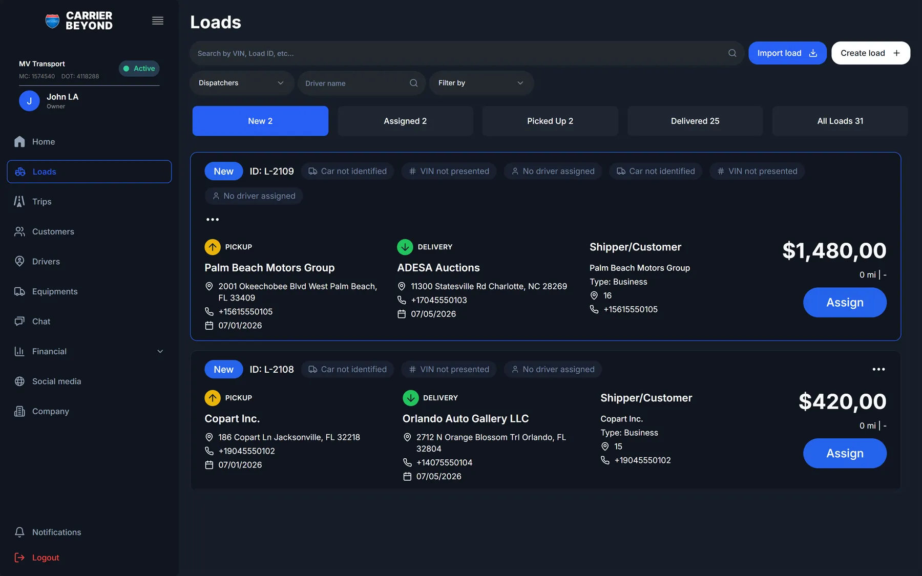 The loads list in Carrier Beyond