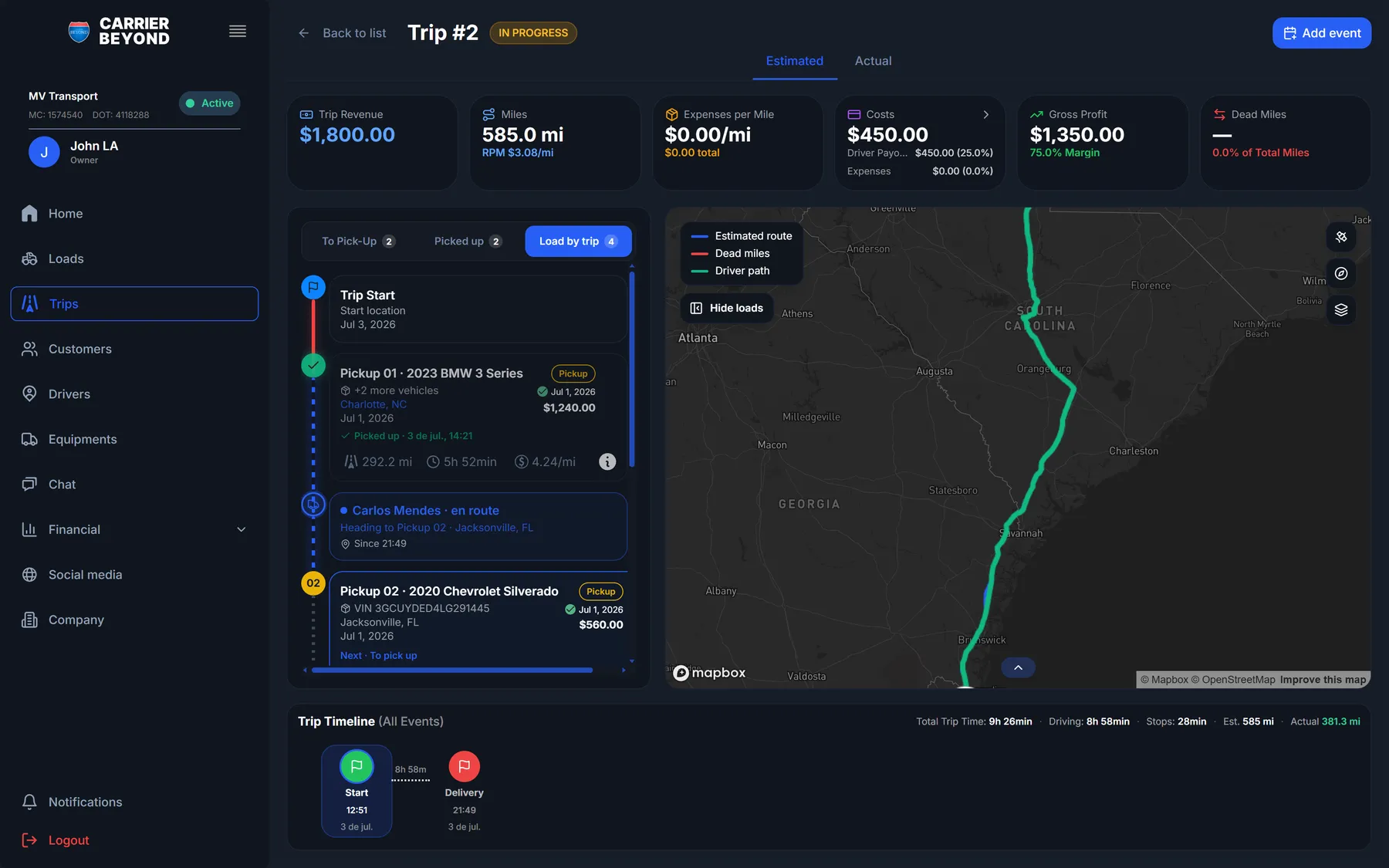 A live trip with its route on the map in Carrier Beyond